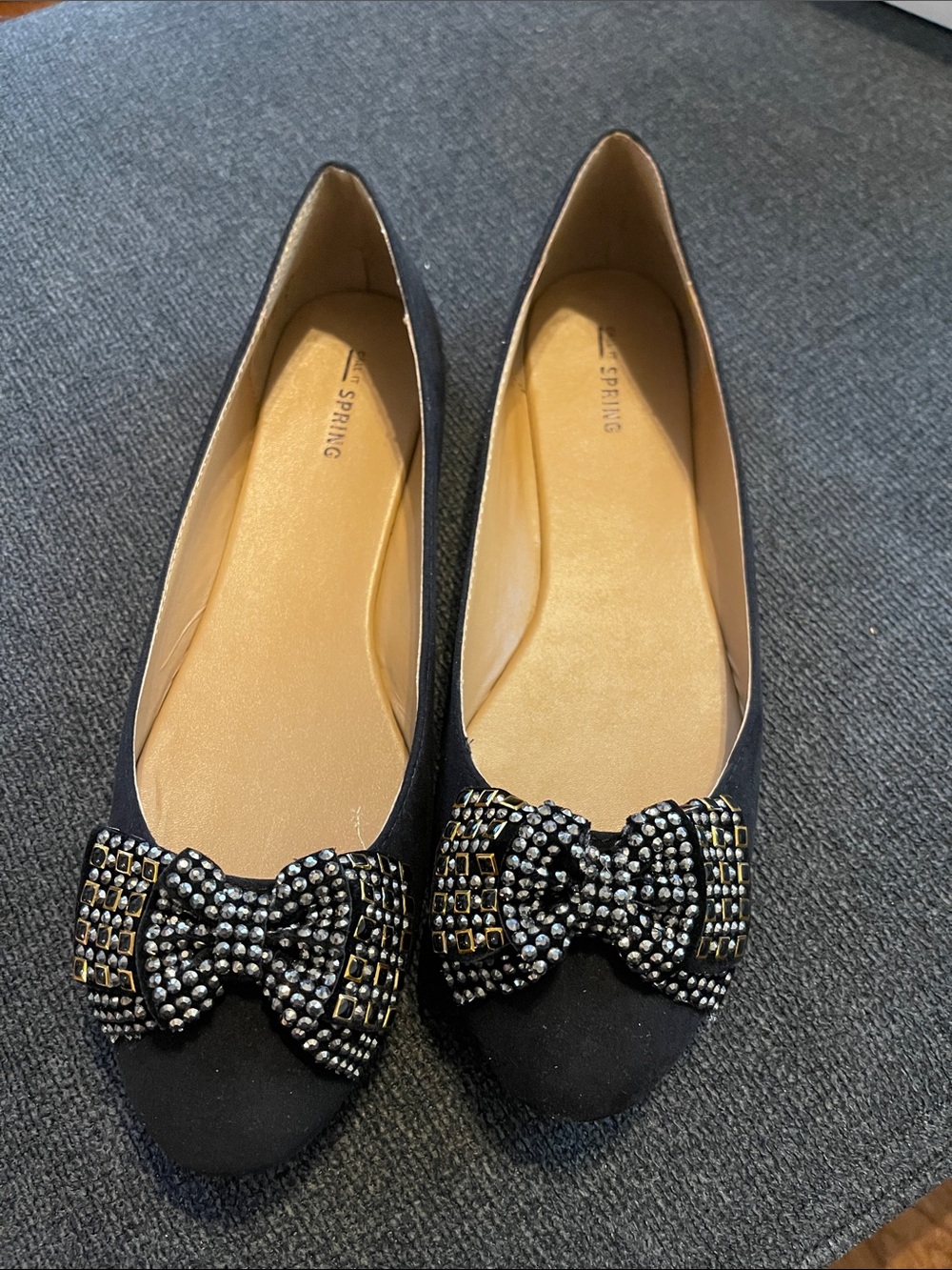 Call It Spring Black Suede Embellished Bow Flats